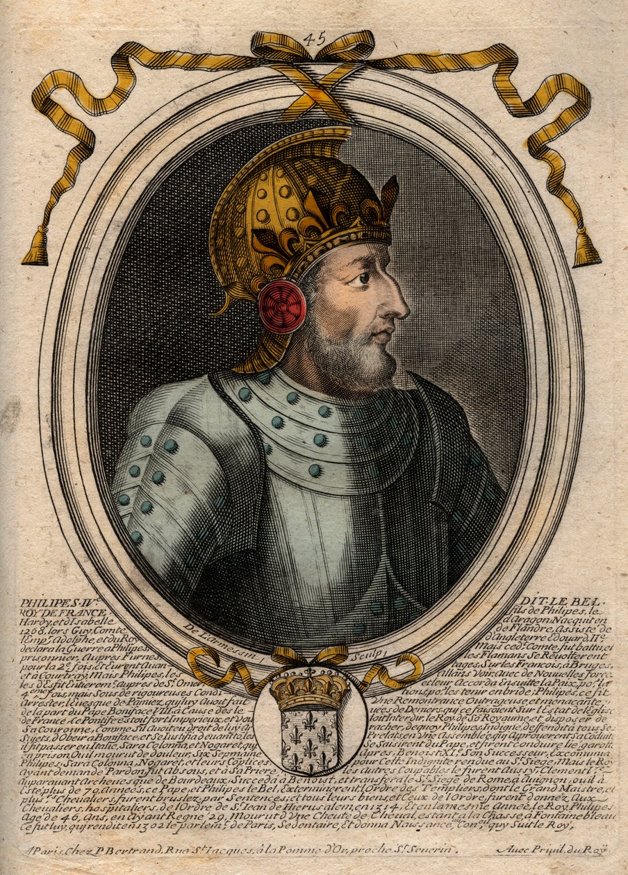 Portrett av Philip IV the Bel (1268 - 1314), konge av Frankrike - Philip IV the Fair (1268-1314) Konge av Frankrike - gravering fra 'Les Augustes Representations de tous les Kings de France fra Pharamond til Louis XIV', Paris av de Larmessin