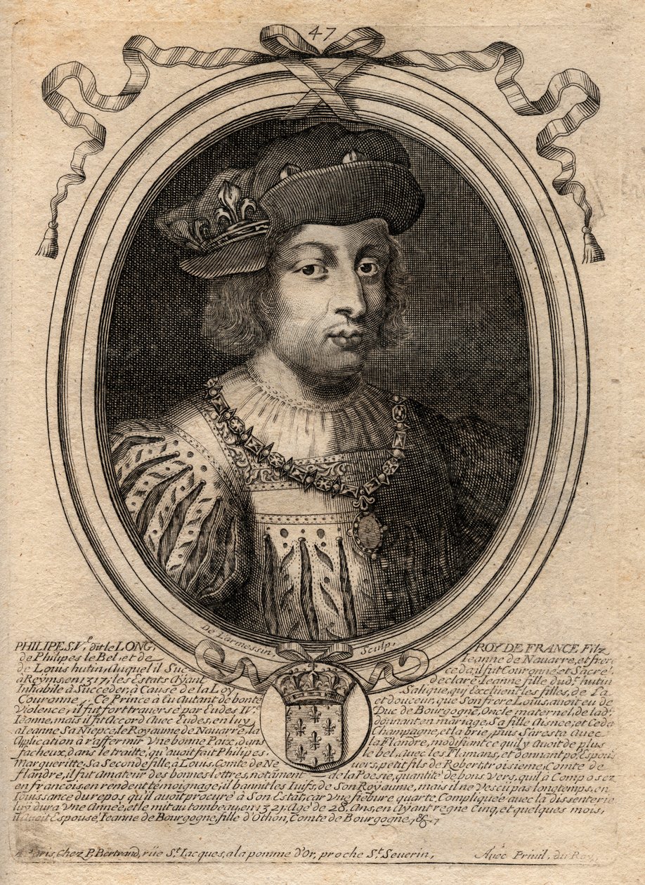 Portrett av Filip V den lange (1294 - 1322), konge av Frankrike - Filip V (1294-1322) 'Den høye' - gravering fra 'Les Augustes representasjoner av alle kongene av Frankrike fra Pharamond til Louis XIV', Paris av de Larmessin