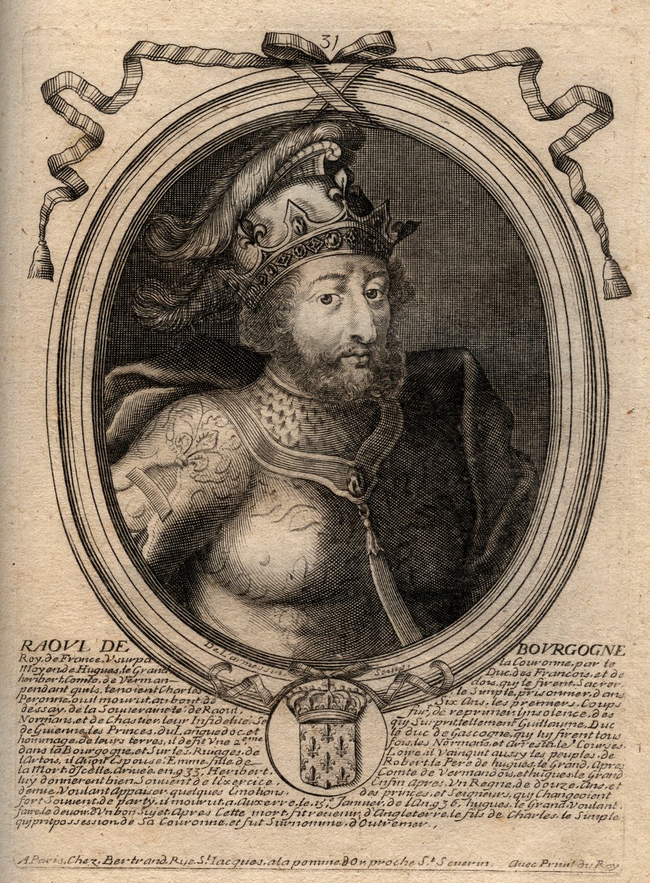 Portrett av Raoul av Frankrike (eller Rodolphe, ca. 890-936) Frankenes konge - Rudolph (Raoul, Rodolphe) av Burgund, kongen av Frankrike (923-936) - gravering fra 