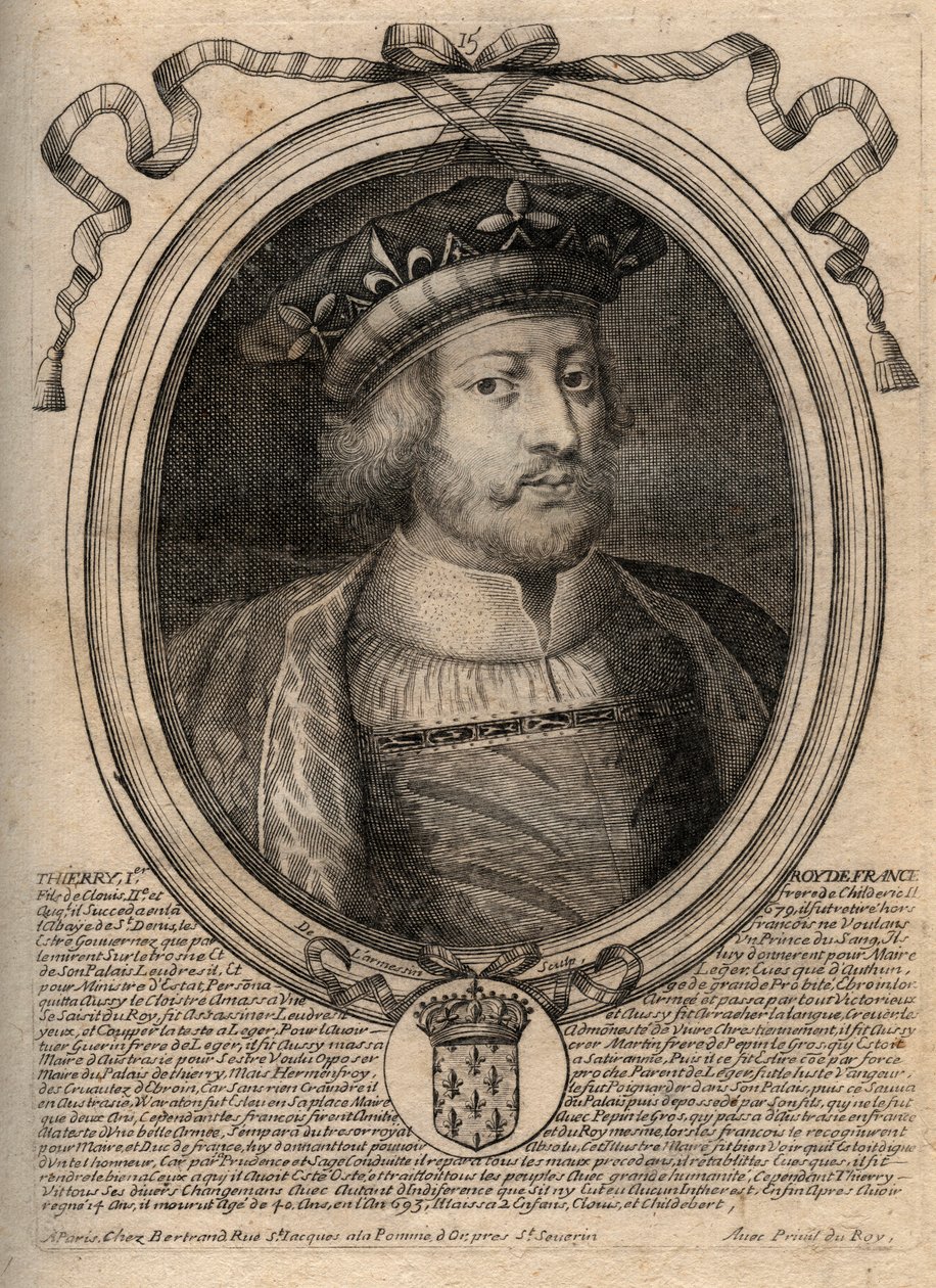 Portrett av Thierry III (ca. 657-691), konge av frankerne av Neustria (673-675) og konge av alle frankere (679-691) På boken er det skrevet "" Thierry I""" men det er en feil - Theuderic III (Theuderich, Theoderic, Theodoric), konge av Neustria (673-675) a av de Larmessin