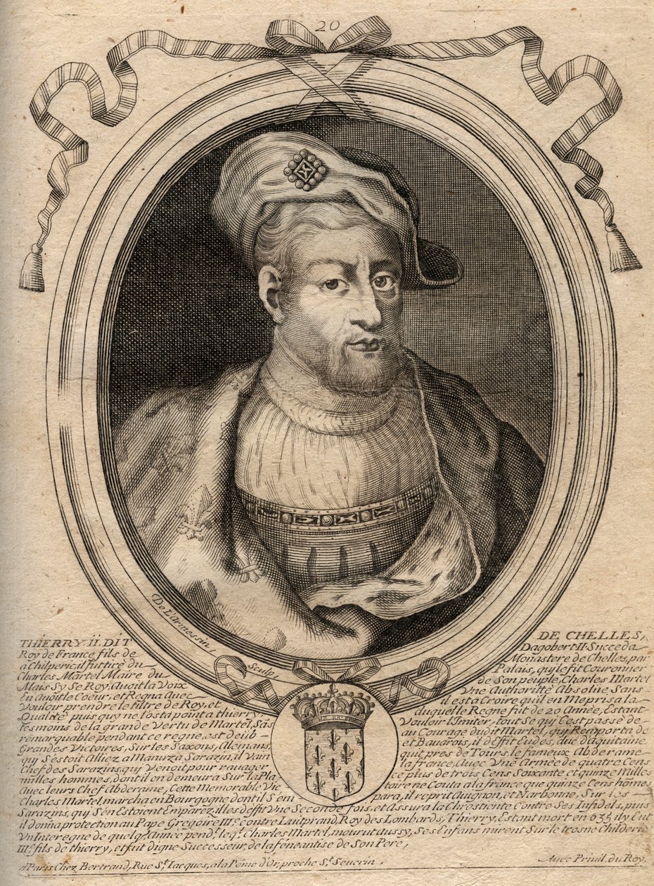 Portrett av Thierry IV (713-737) konge av frankerne fra 721 til 737 - THIERRY IV (Theodoric) konge av frankerne - gravering fra 