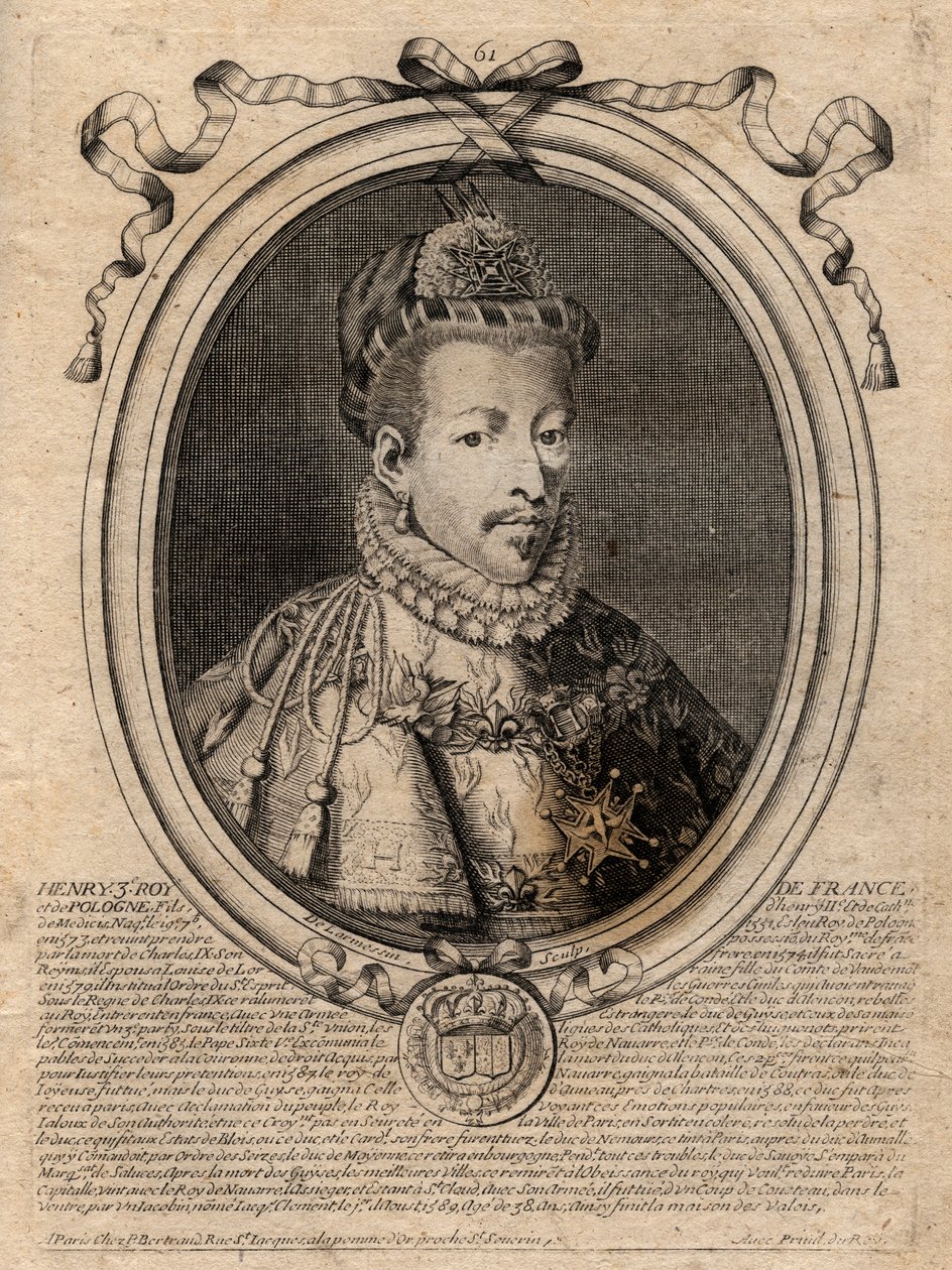 Portrett av kongen av Frankrike Henry III (1551-1589) - Portrett av Henrik III (1551-89) konge av Frankrike - gravering fra 'Les Augustes Representations de tous les Kings de France fra Pharamond til Louis XIV', Paris av de Larmessin