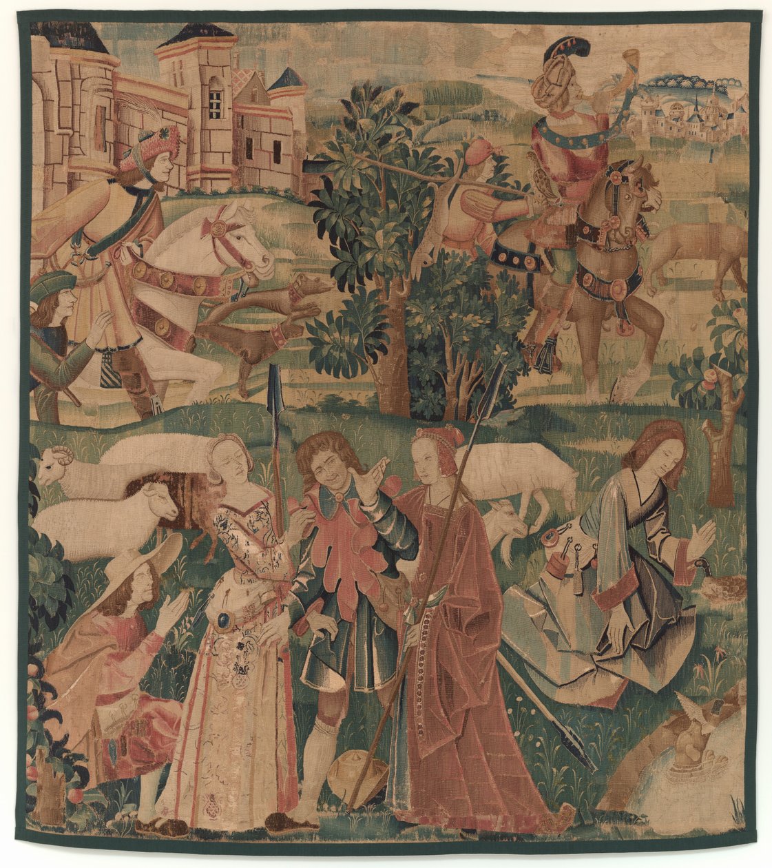 Jakt og pastorale scener, med en lattermild mann mellom damer av design probably French 16th Century, Paris; woven in southern Netherlands or Paris in an undetermine workshop