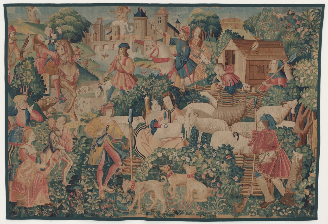 Jakt og pastorale scener, med en gjeterinneklipping av design probably French 16th Century, Paris; woven in southern Netherlands or Paris in an undetermine workshop