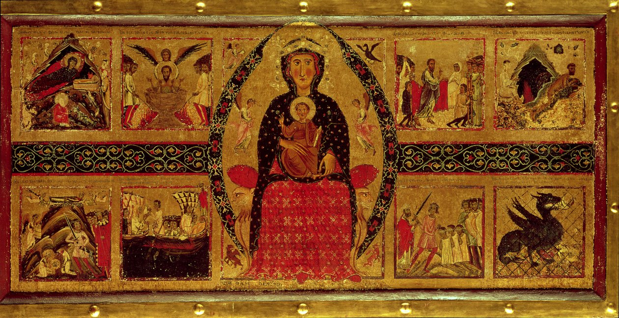 Jomfruen og barnet på tronen, med scener fra fødselen og de helliges liv, 1260 av di Magnano da Arezzo Margaritone
