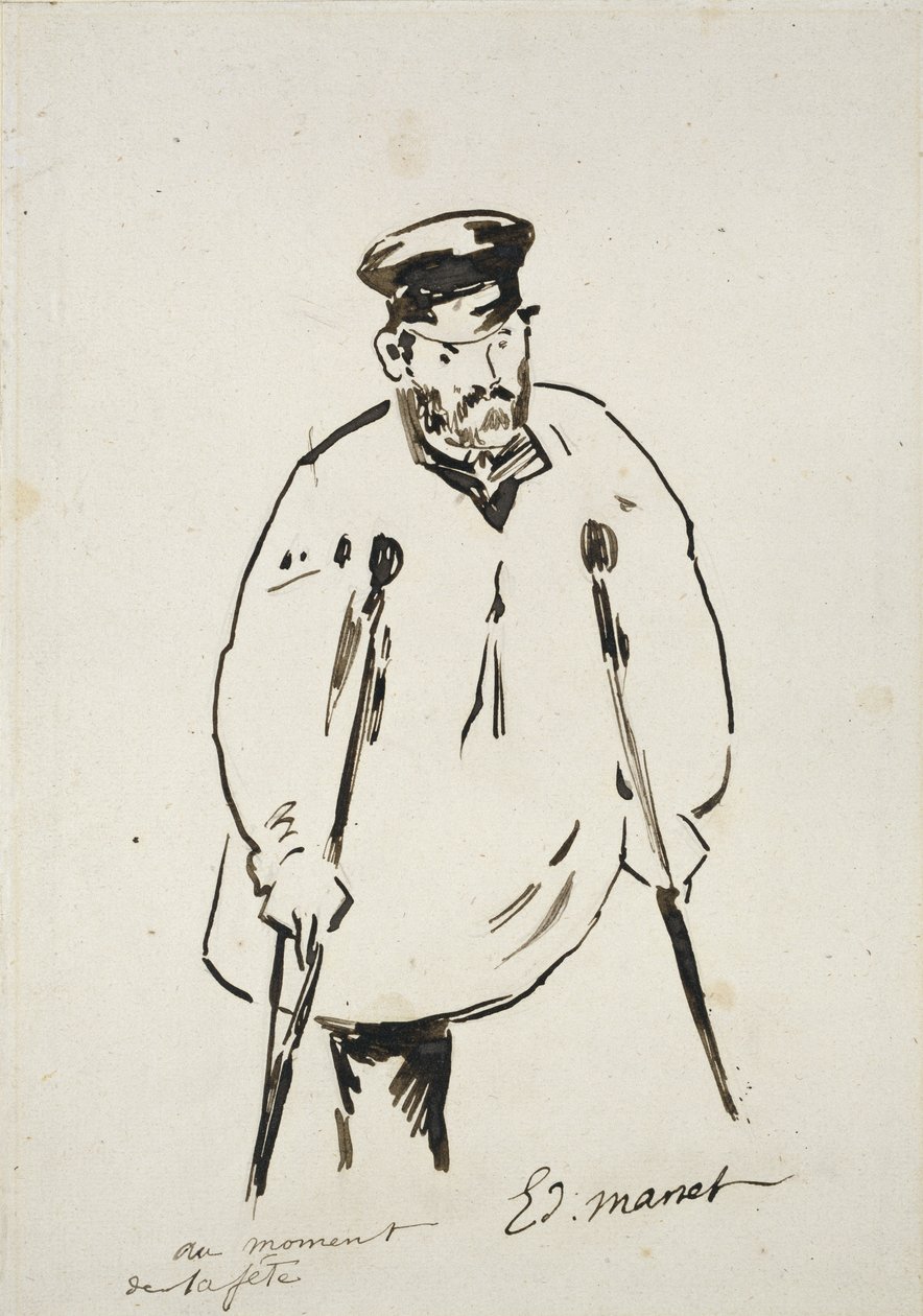 Man on Crutches (grafitt med sivpenn og svart blekk på hvitt papir med fin tekstur) av Édouard Manet