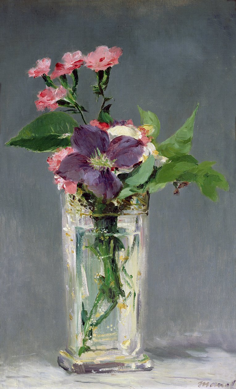 Rosa og klematis i en krystallvase, ca. 1882 av Édouard Manet