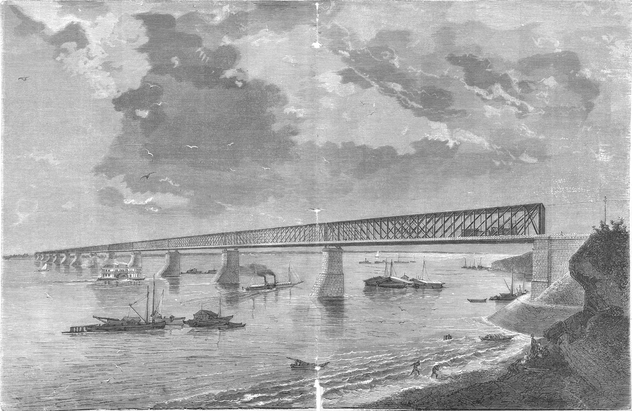Syzranskiy Bridge (Alexandrowskiy bridge) etter åpningen i 1880 av engraving by M. Rashevskiy Photo by N. Karazin