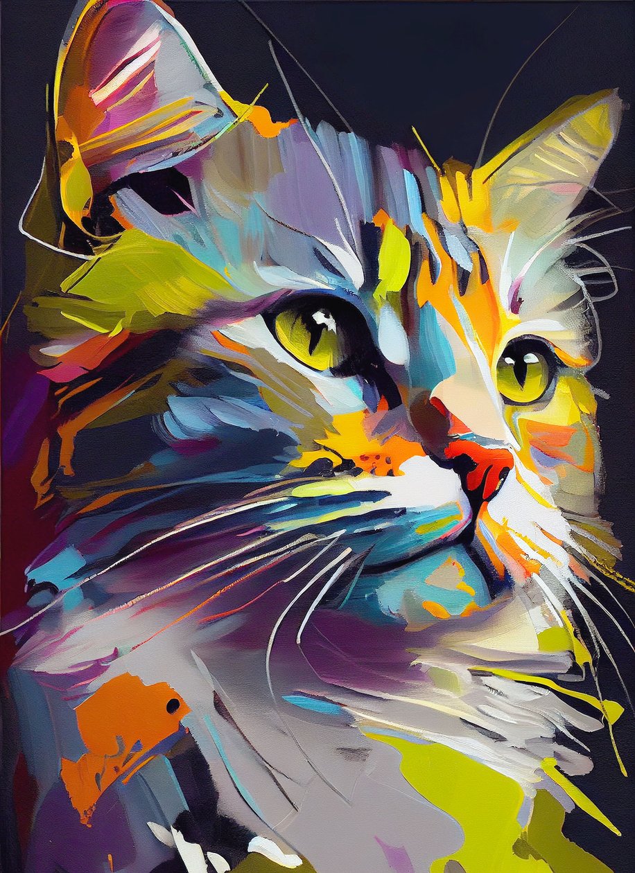 Abstrakt søt katt, penselstrøk for oljemaleri, veggkunsttrykk av F. Abderrahim