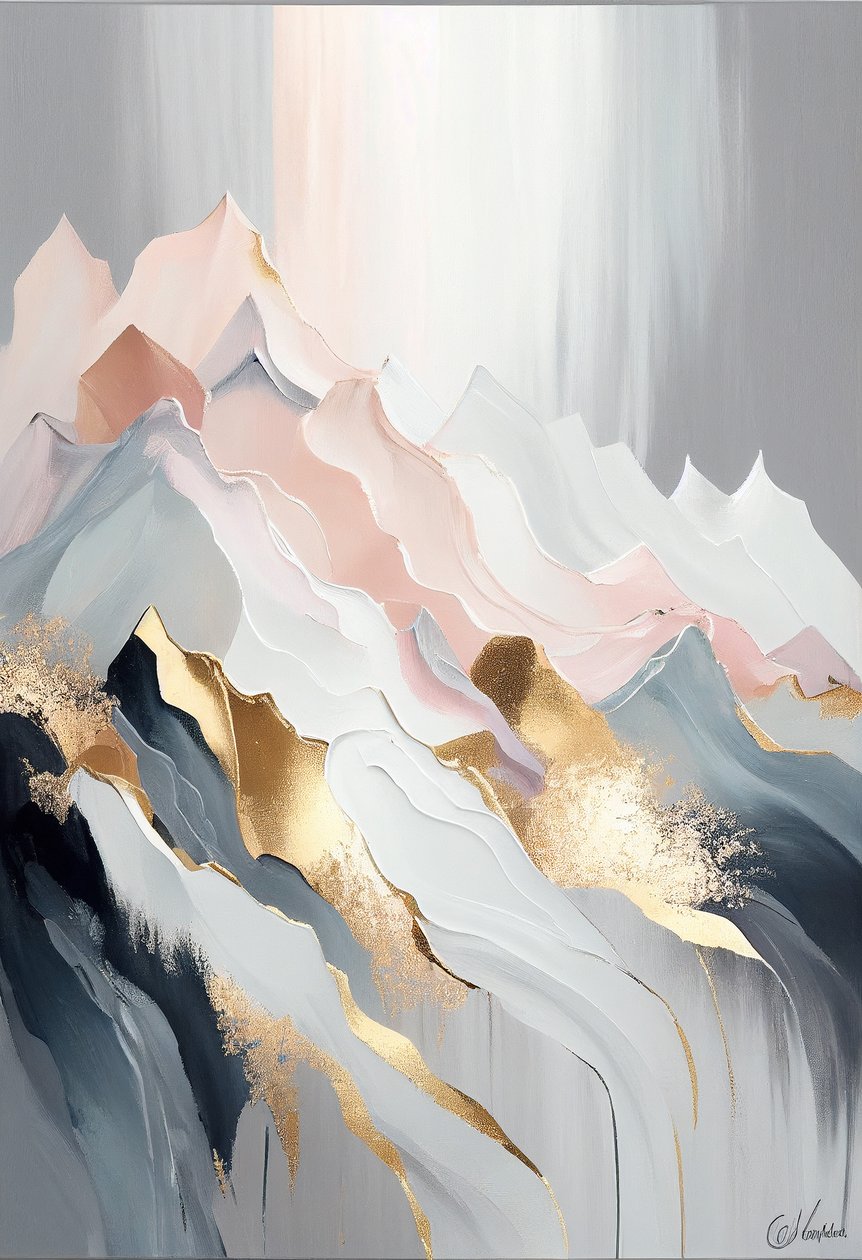 Abstrakte gyldne fjellmalerier inspirert av Olga Suvorova, kunsttrykk av F. Abderrahim