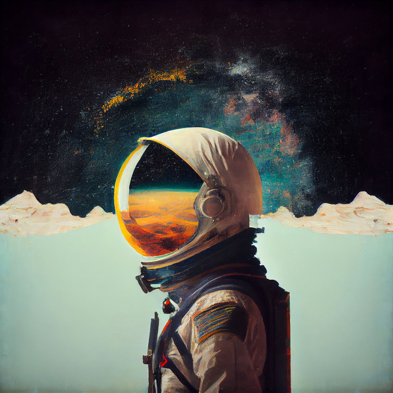Abstrakt ensom astronautmaleri i verdensrommet, veggkunsttrykk av F. Abderrahim