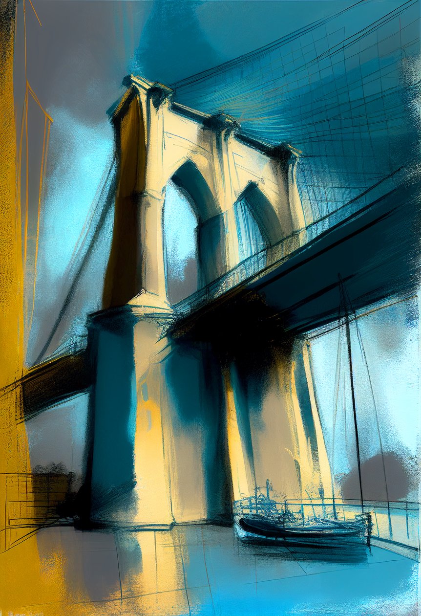 Abstrakt skisse Brooklyn bridge-maleri på lerret, veggkunsttrykk av F. Abderrahim