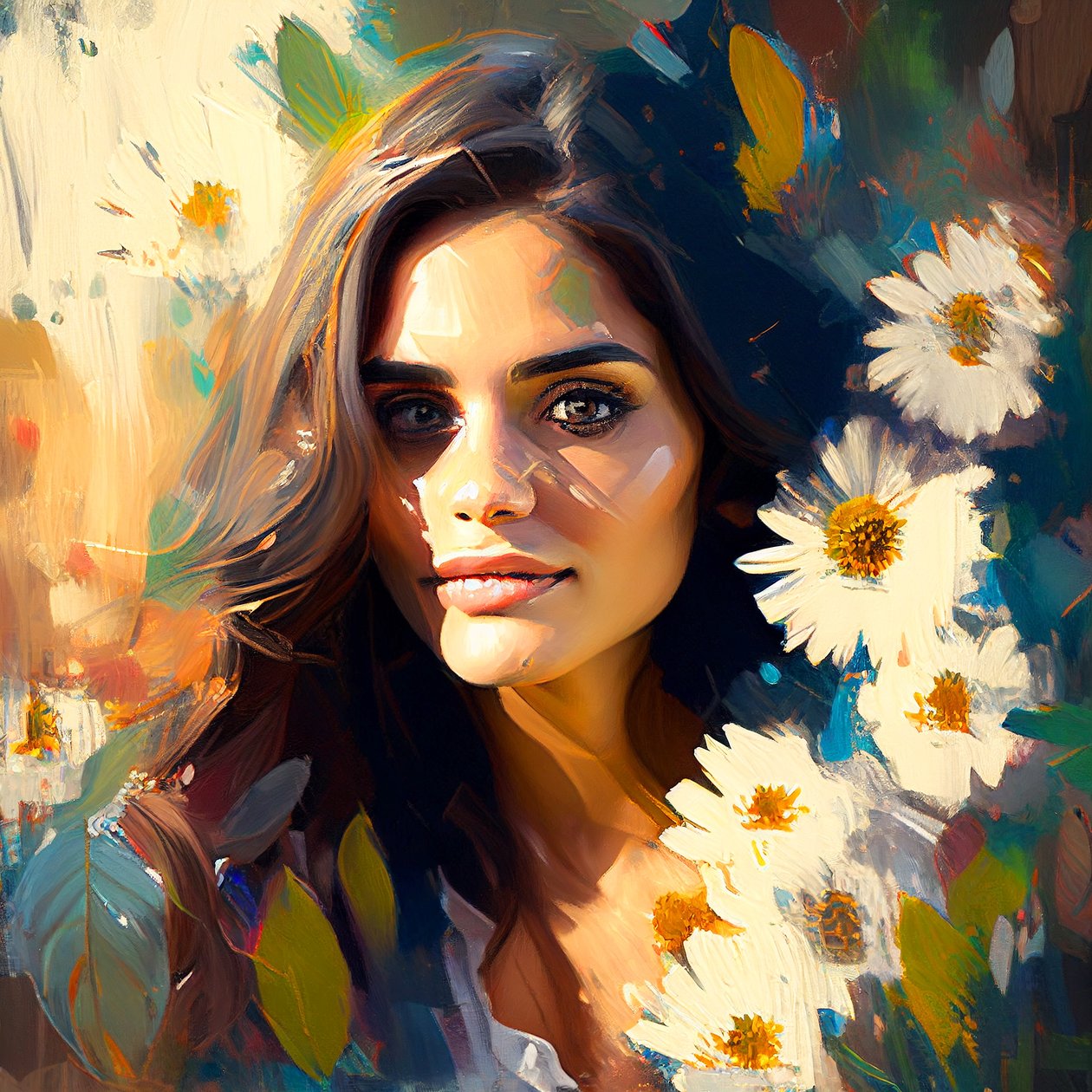 Vakkert meksikansk kvinneportrett og solsikker, utskrivbar abstrakt digital kunst av F. Abderrahim