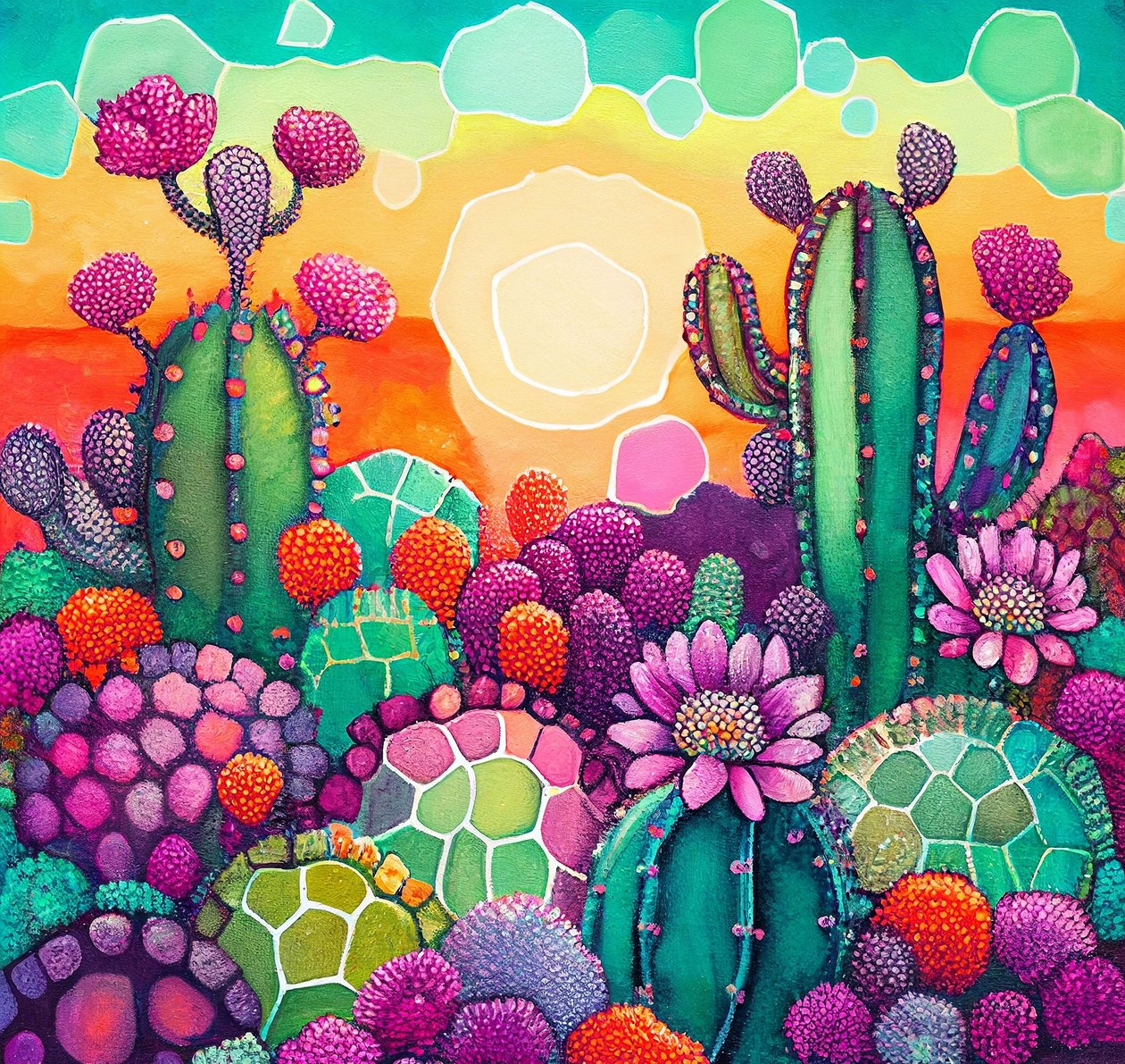 Desert Bloom: fargerikt abstrakt maleri av solnedgang på kaktusplatåer av F. Abderrahim