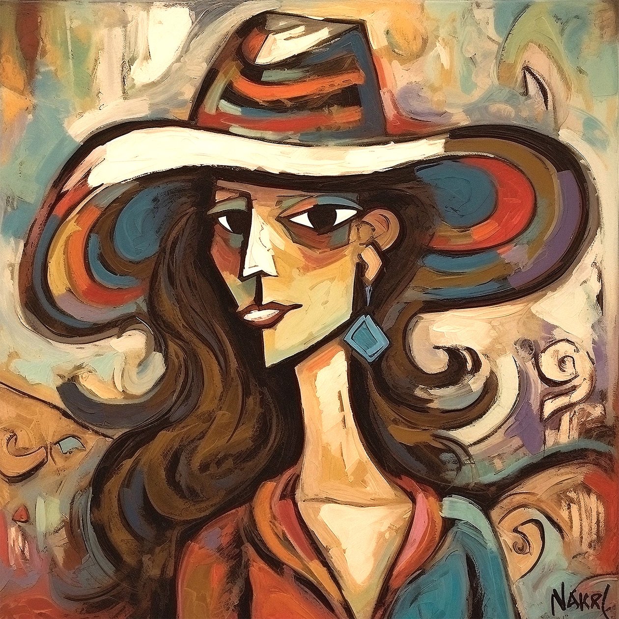 Maleri av en vakker moderne dame med hatt, Wall Art | Lerretstrykk av F. Abderrahim