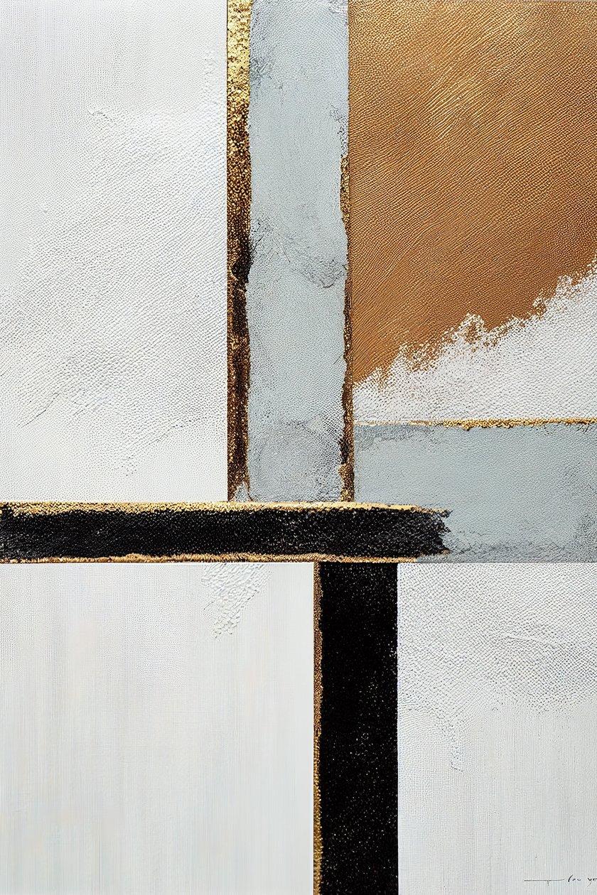 Hvite og svarte, gylne abstrakte linjer, utskrivbar kunst på lerret av F. Abderrahim