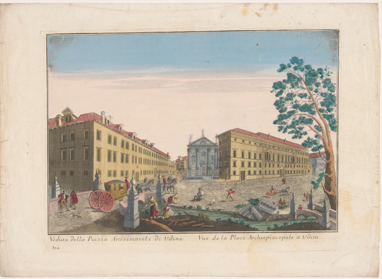 Utsikt over kirken Sant'Antonio Abate på Palazzo Arcivescovile te Udine Utsikt over Piazza Arcivescovile i Udine (tittel på objekt) av familie Remondini (attributed to)