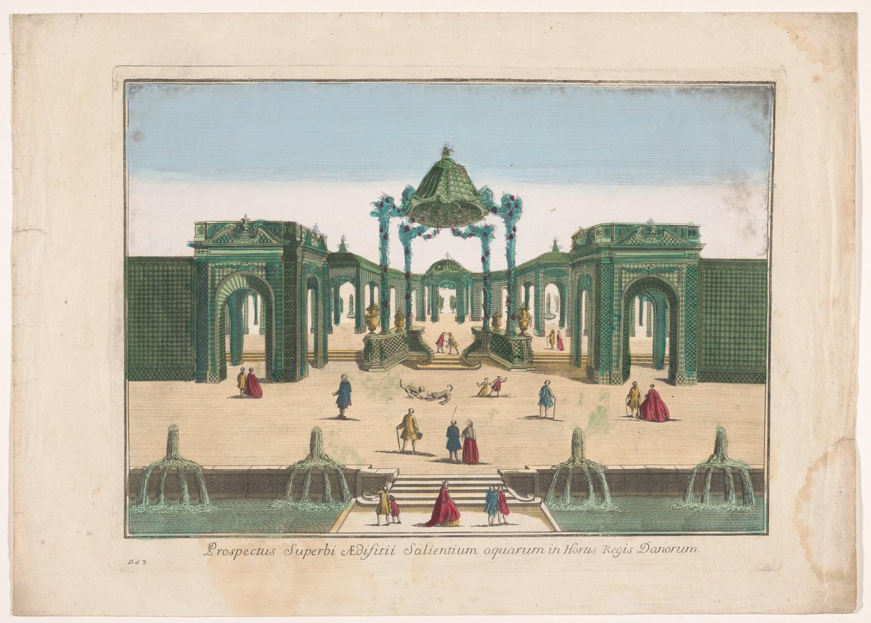 Utsikt over pergolaen og fontenene til en hage som tilhører kongen av Danmark Prospectus superbi aedifitii salientium aquarum in hortis regis Danorum (tittel på objekt) av familie Remondini (attributed to)