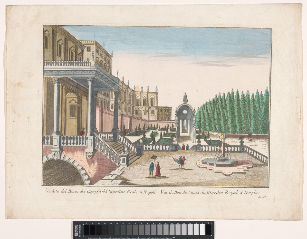 Utsikt over en hage og et kongelig palass i Napoli Veduta del bosco dei cypressi del giardino reale i Napoli (tittel på objekt) av familie Remondini (attributed to)