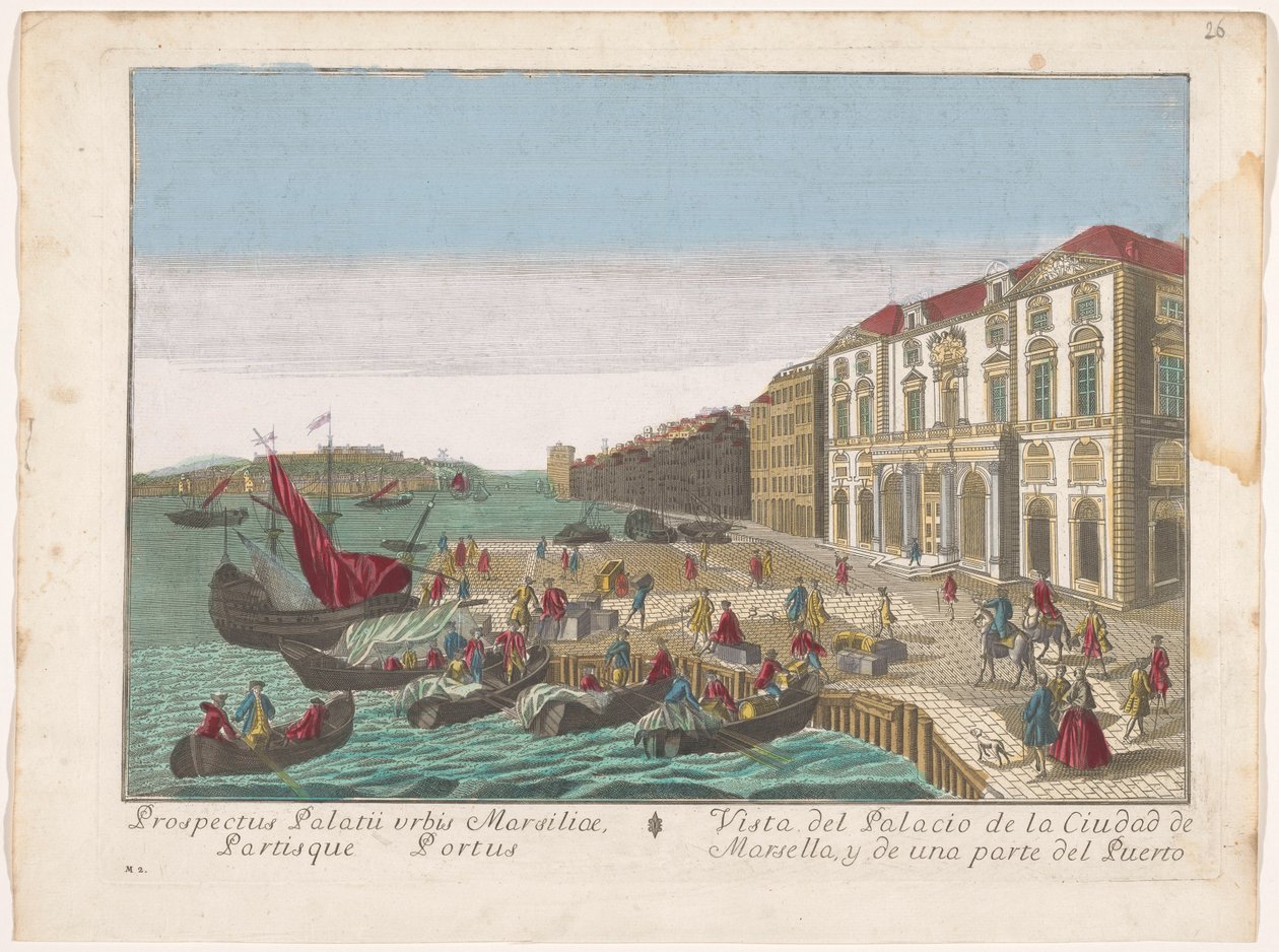Se på Stadhuis i Marseille Utsikt over bypalasset i Marseille, og en del av havnen (tittel på objekt) av familie Remondini (attributed to)