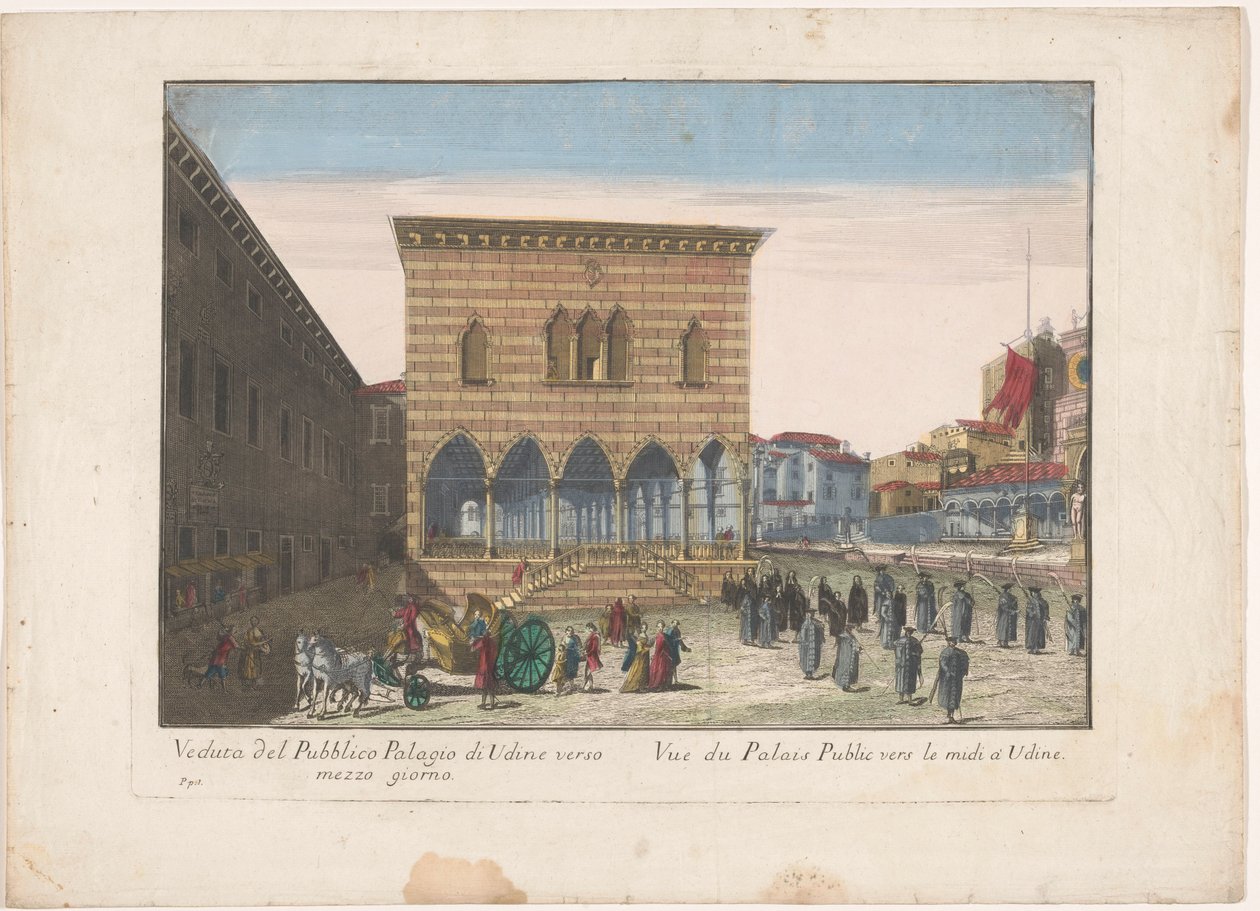 Se på Stadhuis te Udine Utsikt over Public Palagio of Udine mot middag (tittel på objekt) av familie Remondini (attributed to)