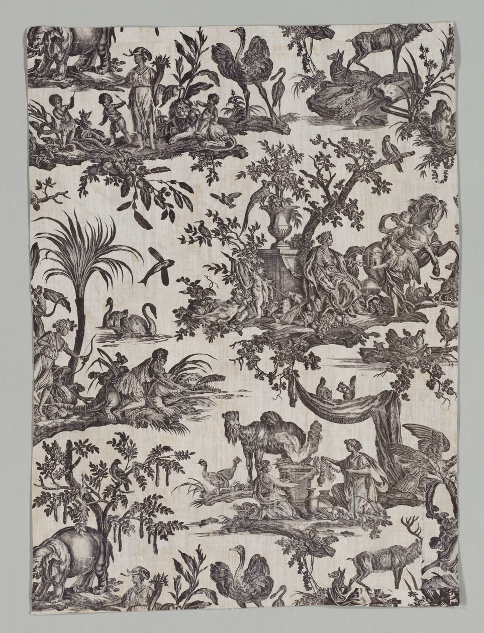 Fragment av Copperplate Printed Cotton med "Les quatres parties du monde" Design av firm of Christophe Philippe Oberkampf