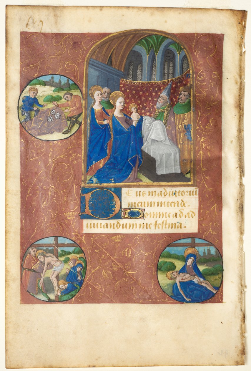 Blad fra en timebok: Presentasjon i tempelet med runddeler av loddkastingen, avsetningen og Pietà (Ingen, Jomfruens kontor) av follower of Master of Adélaïde de Savoie