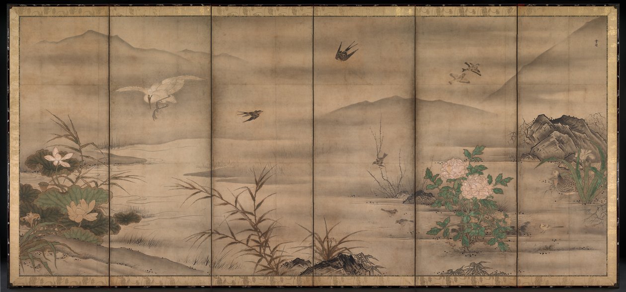Fugler og blomster i et landskap av de fire årstidene av follower of Sesshū Tōyō