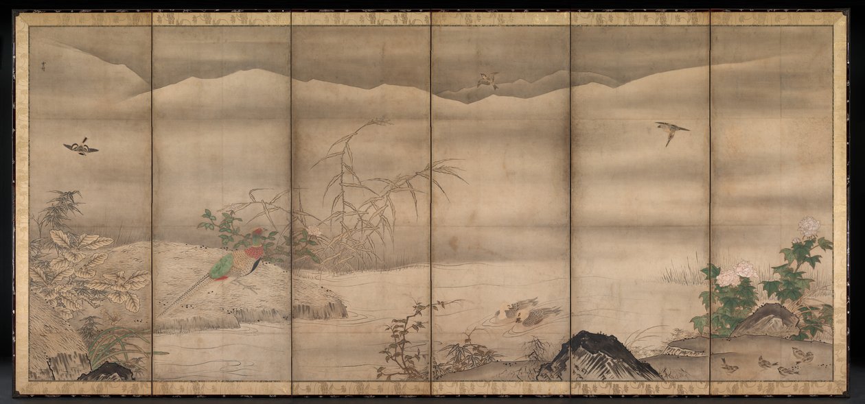 Fugler og blomster i et landskap av de fire årstidene av follower of Sesshū Tōyō