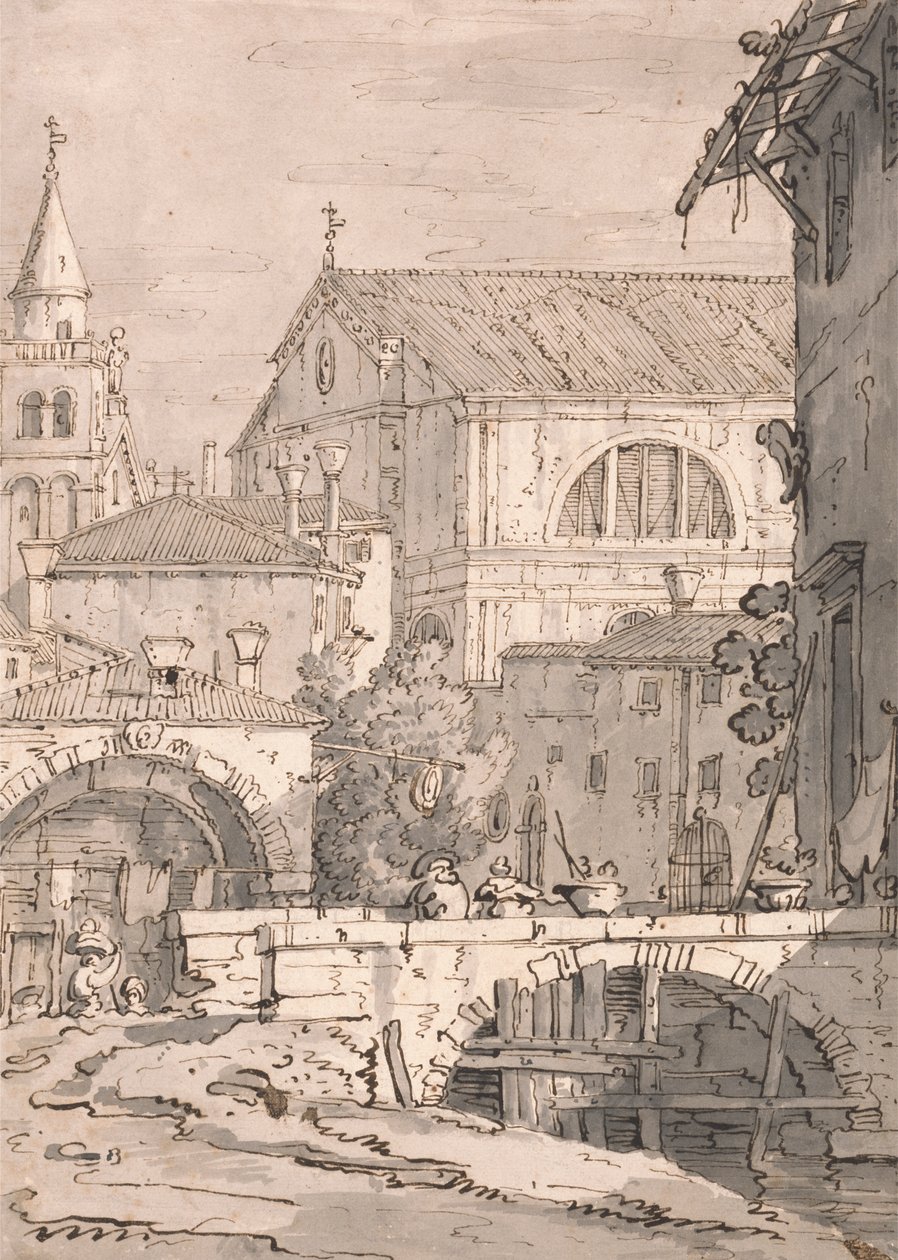 Venetiansk fantasi av imitator of Canaletto