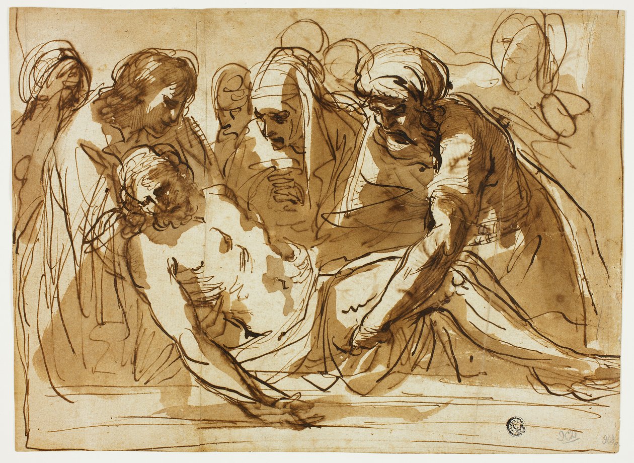 Begravelse (recto); Jomfru og barn med spedbarnet døperen Johannes (verso) av imitator of Guercino