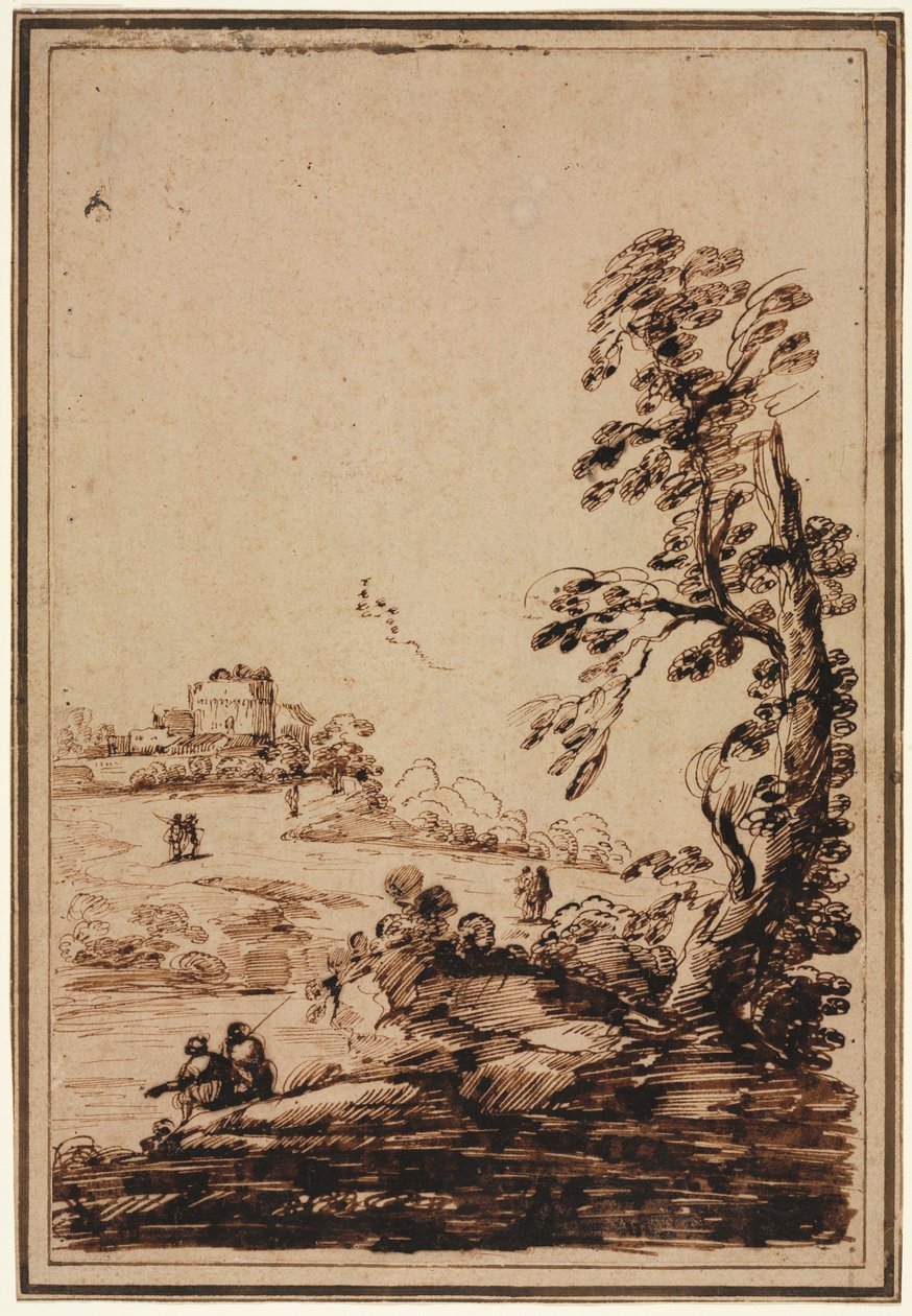 Landskap med liten gruppe bygninger av imitator of Guercino