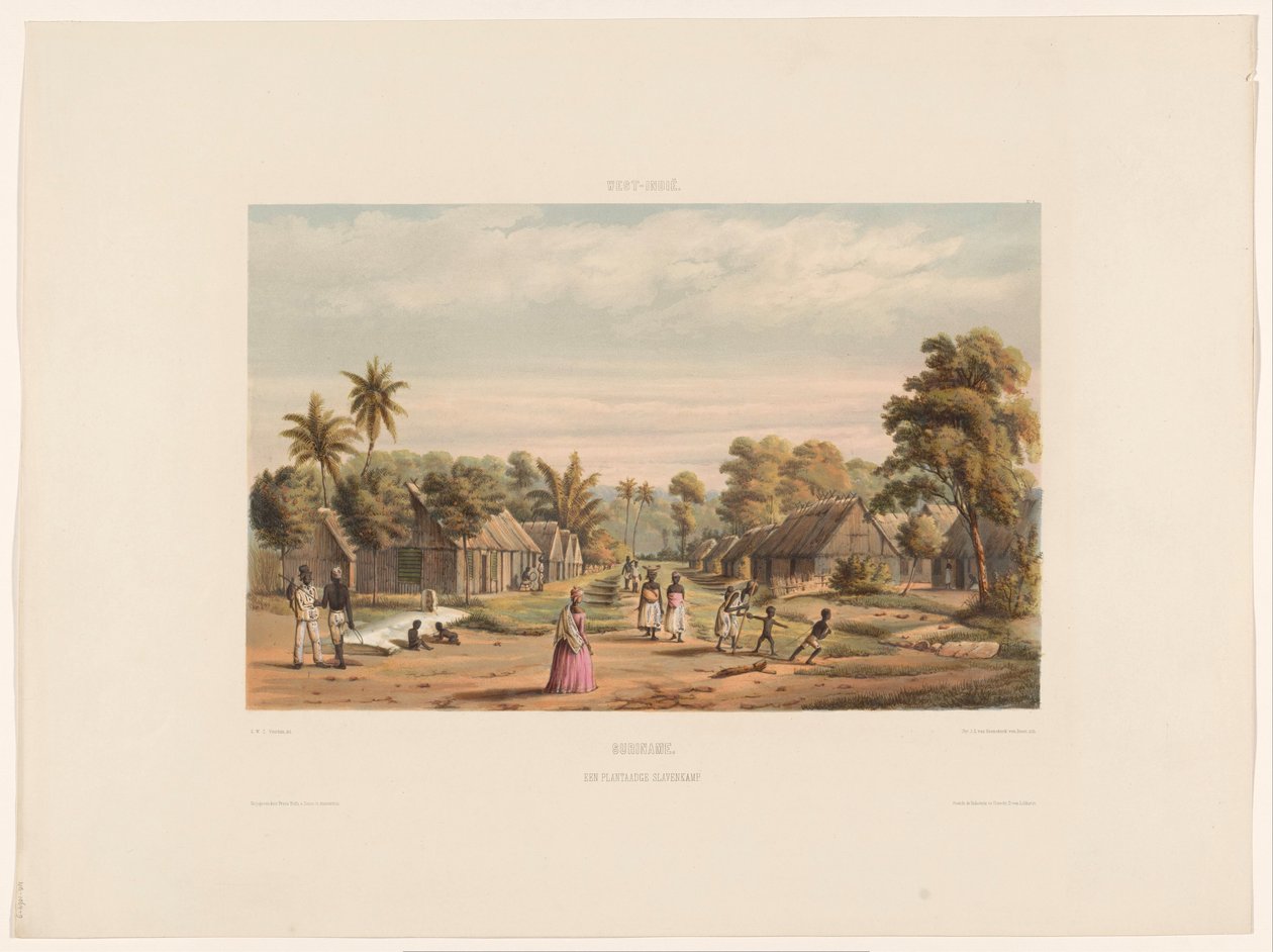Slavekvarter på en plantasje Slalleir Surinam. En plantasjeslaveleir (tittel på objekt) av jonkheer Jacob Eduard van Heemskerck