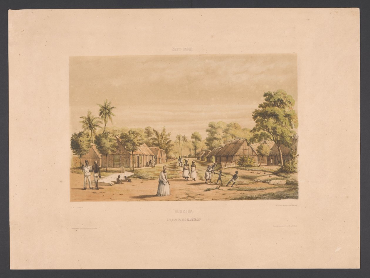Hjem til slaver på en surinamsk plantasje Surinam. En plantasjeslaveleir (tittel på objekt) Vest-India (serietittel på objekt) Gezigten uit Neerland's West-Indien (serietittel) av jonkheer Jacob Eduard van Heemskerck