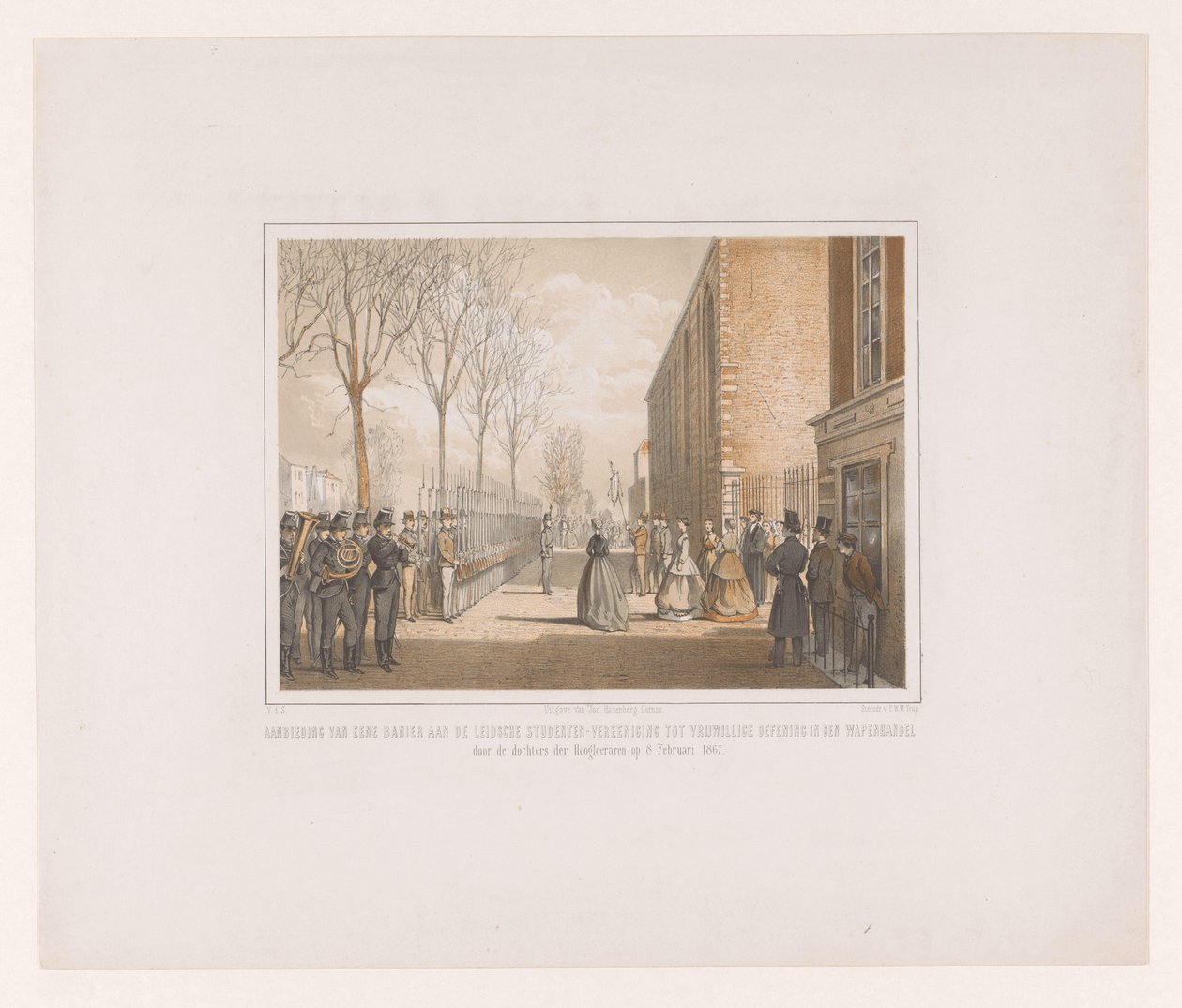Presentasjon av et banner til Royal Leiden Student Association Presentasjon av et banner til Leiden Student Association for Frivillig øvelse i våpenhandel ved professorens døtre 8. februar 1867 (tittel på objekt) av jonkheer Victor Eugène Louis de Stuers