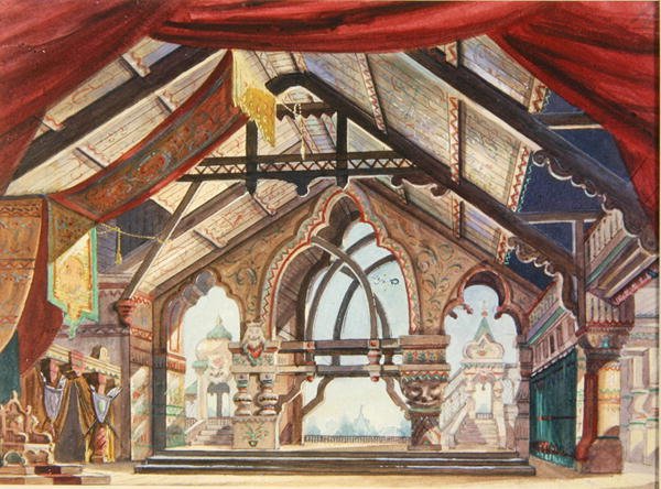 Scenedesign for Rimsky-Korsakov Snow Maiden (wc og olje på papir) av karl Fyodorovich Valz