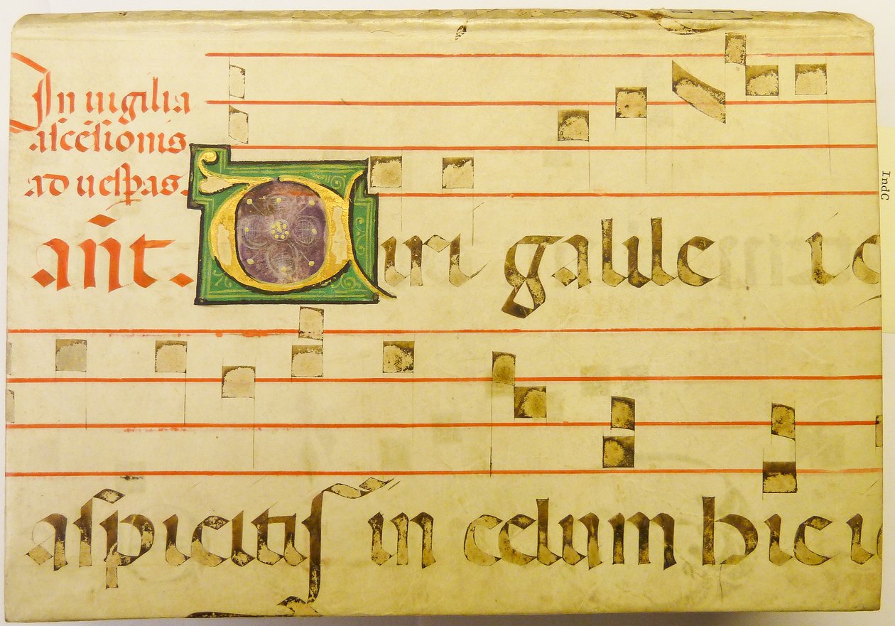 Del av et pergamentblad fra en liturgisk ms. av kladcat Portion of a parchment leaf from a liturgical ms.
