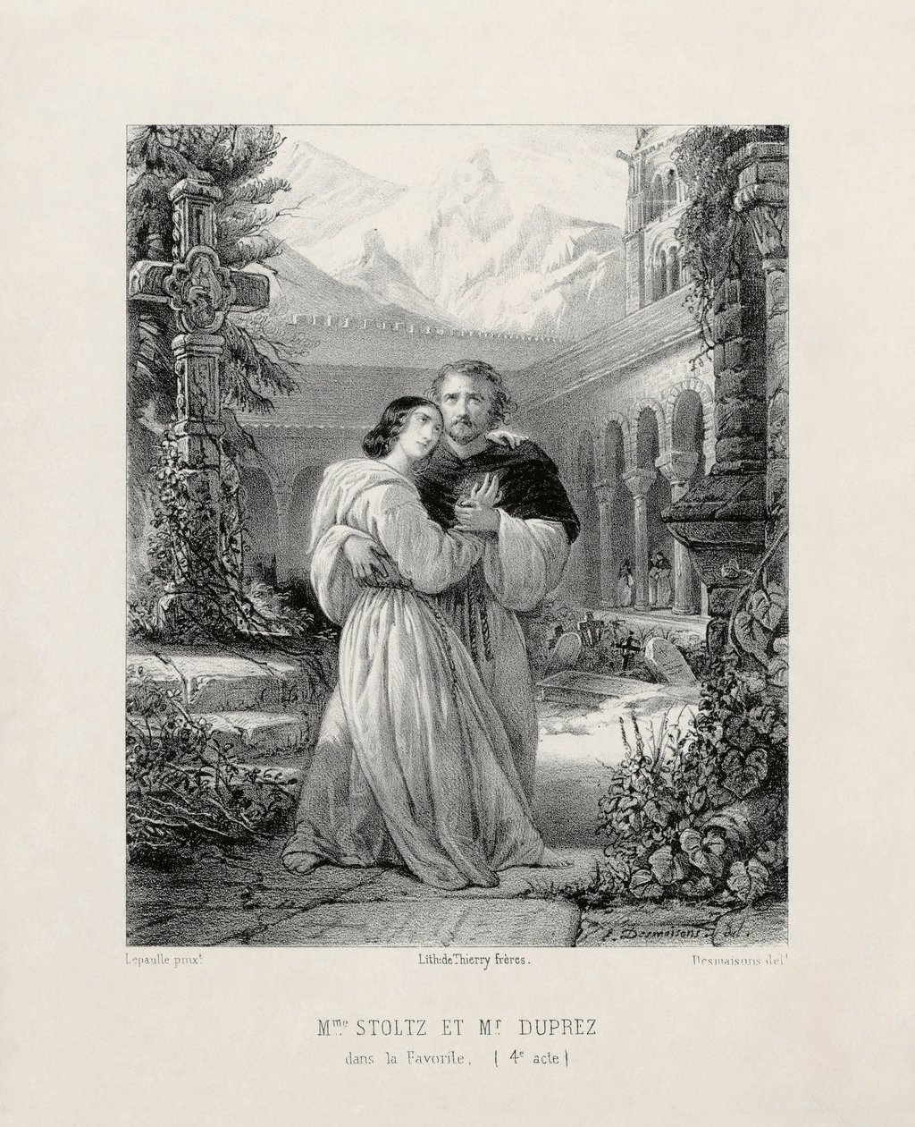 Gilbert Duprez (1806-1896) som Fernando og Rosine Stoltz (1815-1903) som Leonor de Guzmán i akt IV av Gaetano Donizettis La Favorite på Salle Le Peletier i Paris i 1840-1841 av Emile Desmaisons