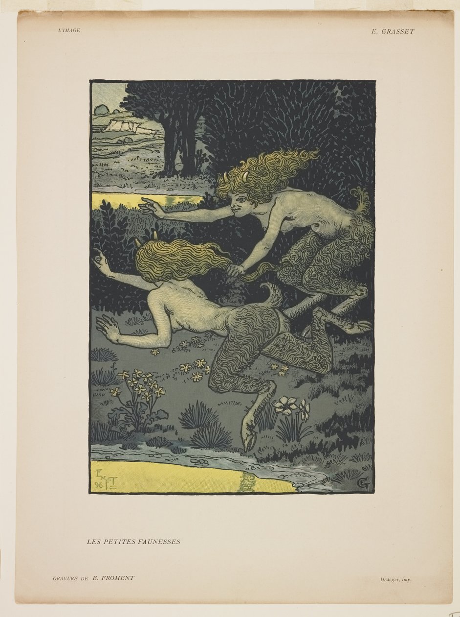 Les Petites Faunesses, 1896 (fargetregravering) av Émile Froment