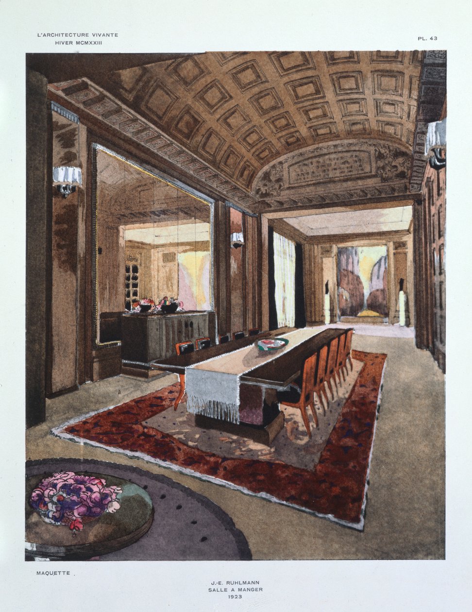 Design for en spisestue, illustrasjon fra vinterutgaven av 'L'Architecture Vivante' magazine, 1923 av Jacques Emile Ruhlmann