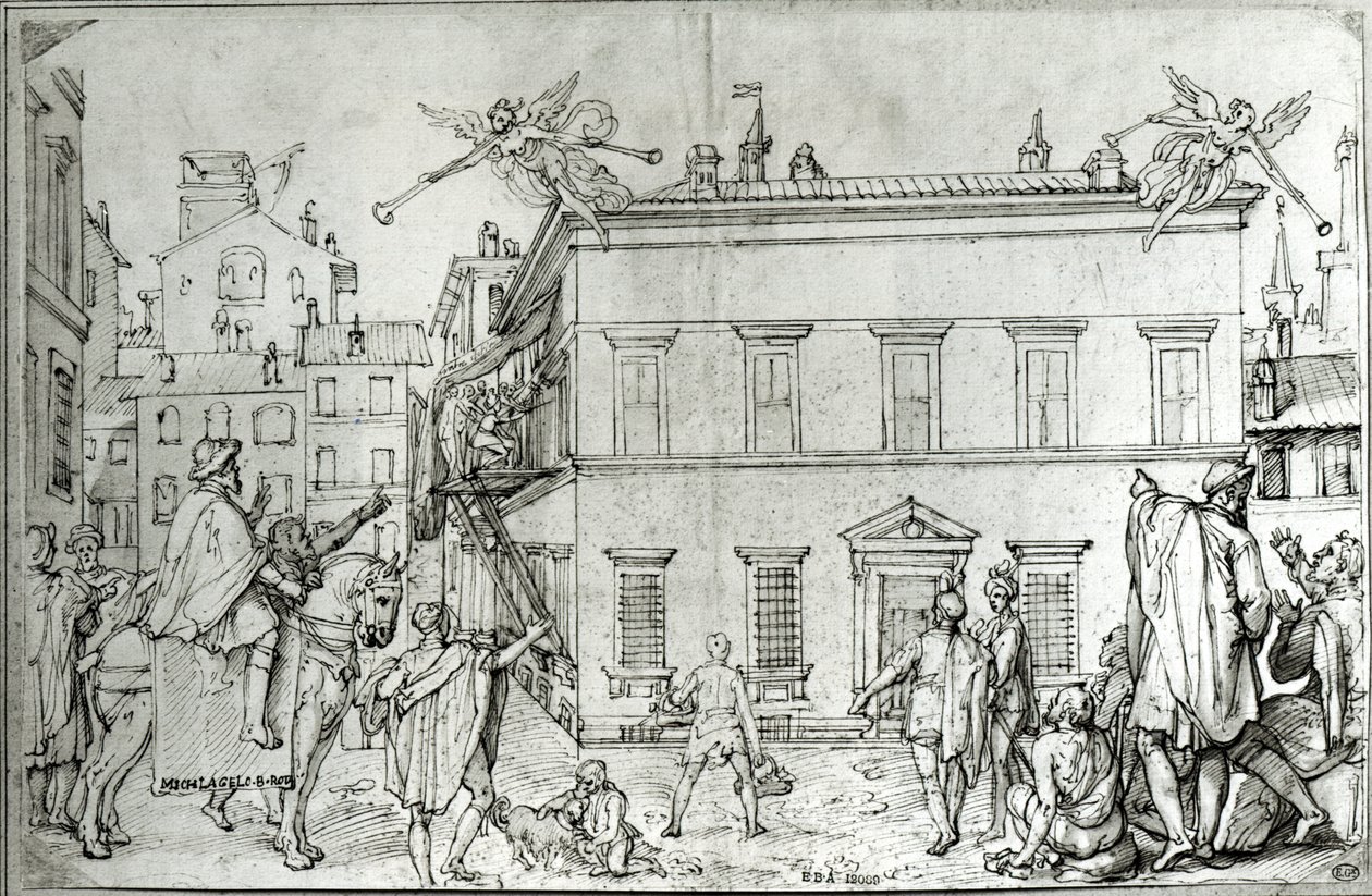 Michelangelo på hesteryggen på besøk hos en kunstner av Federico Zuccari or Zuccaro