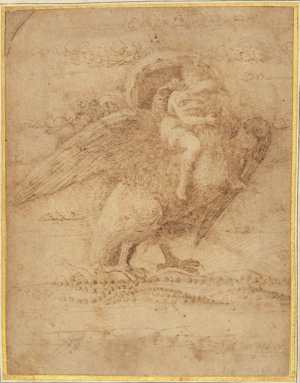 Jupiter og Ganymedes over et omfattende landskap av or Andrea Mantegna Giovanni Bellini