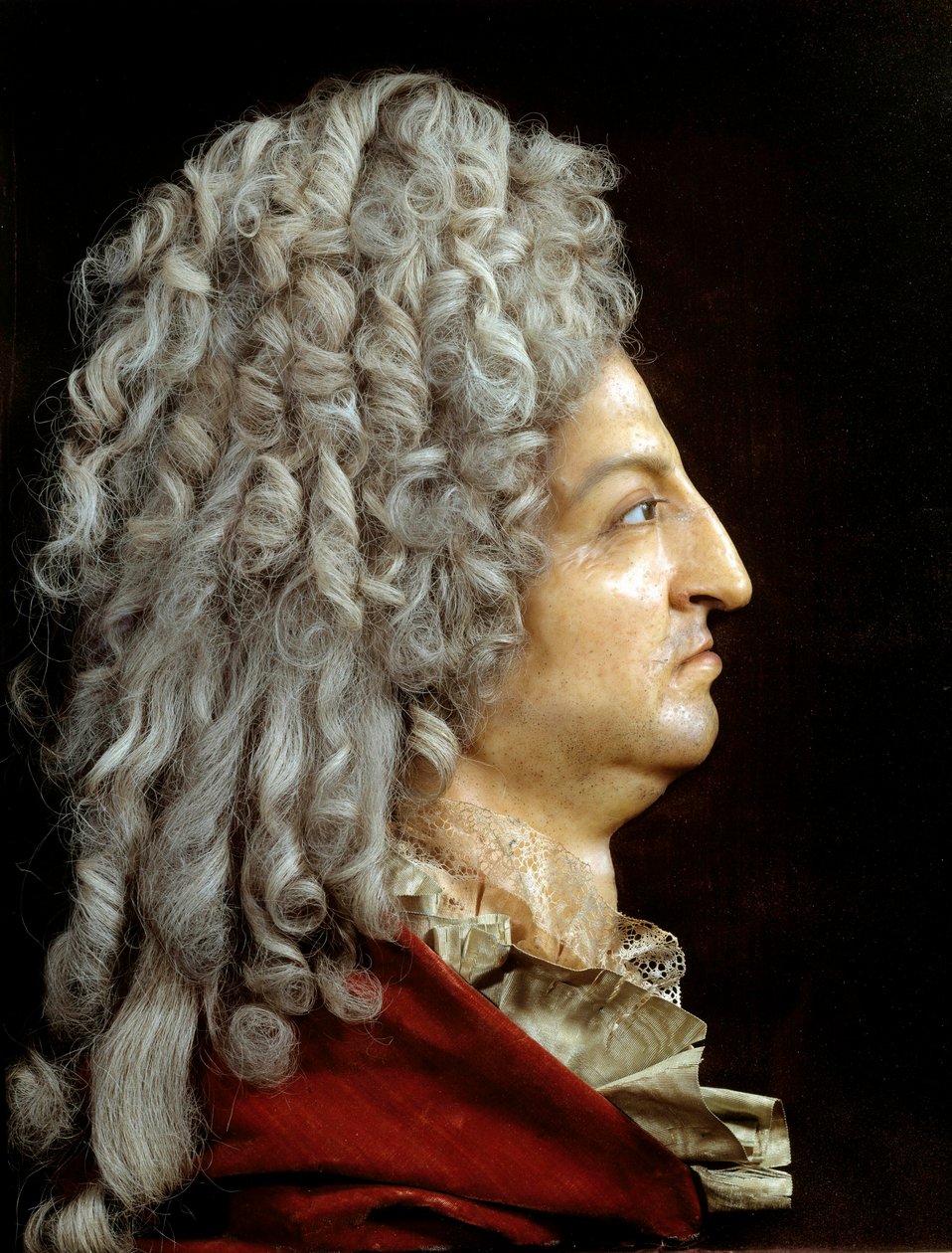 Portrett av kong Ludvig XIV (1638-1715). Voks og tekstil av Antoine Benoist dit du Cercle (1632-1717). Rundt 1705. Søn 0,52x0,42 m Versailles, musee du chateau av or Benoit du Cercle Antoine Benoist