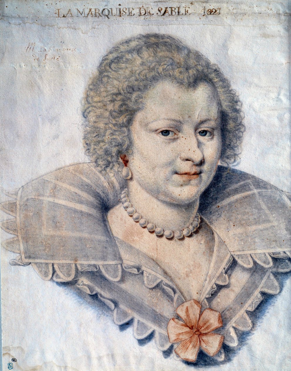 Portrett av kvinnen med bokstaver Magdeleine de Souvre, Marquise de Sable (1599-1678), døtre til Gilles de Souvres, Marquis de Courtenaux» Tegning av Daniel Dumonstier eller Dumoustier (1574-1646) Paris fra 1600-tallet, Musee du Louvre av or Dumoustier Daniel Dumonstier