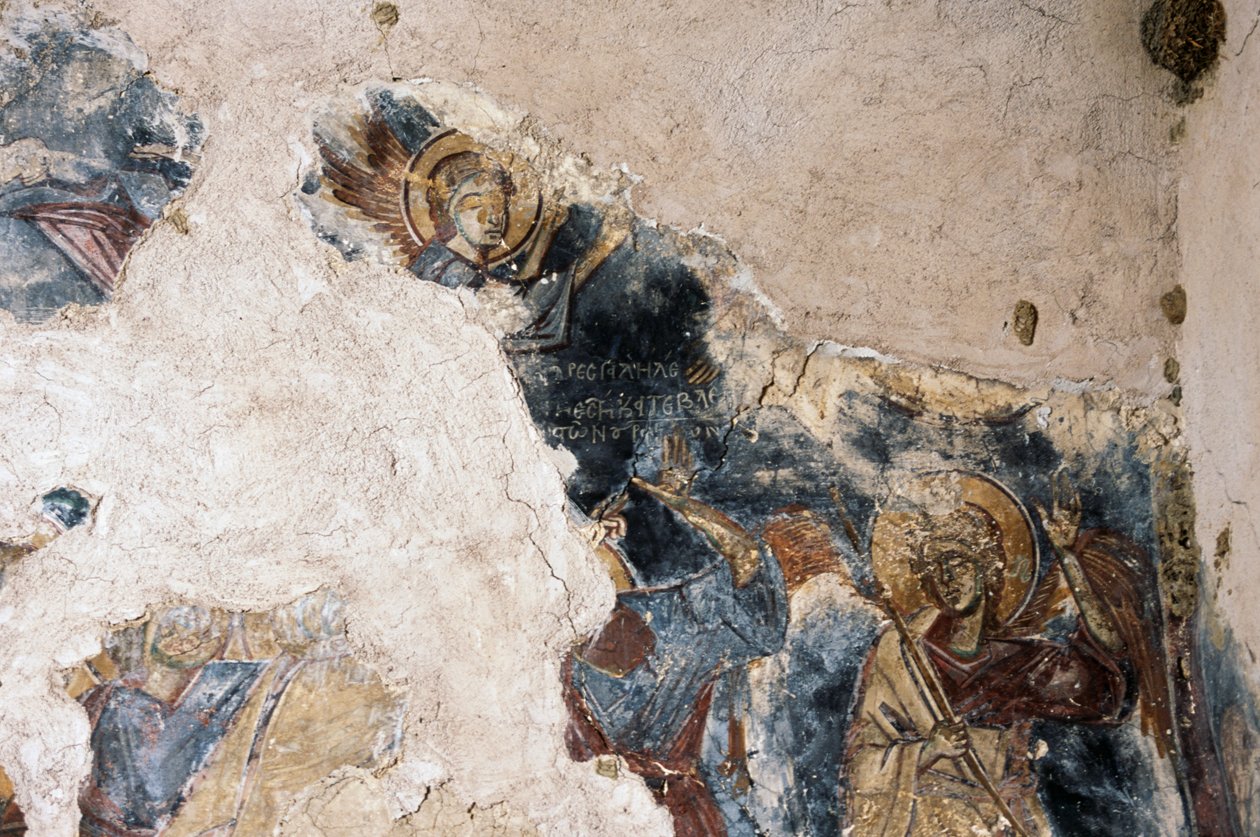 Engel og helgen, detalj fra freskomaleri i kirken Agios Georgios Apodoulou, Apodoulou, Kreta, Hellas (bilde) av Theodore Charles Ange Coquelin