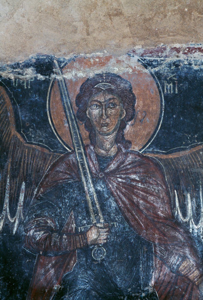 Engel som holder sverd, freskomaleri i den bysantinske kirken St George, Komitades, Kreta, Hellas (bilde) av Theodore Charles Ange Coquelin