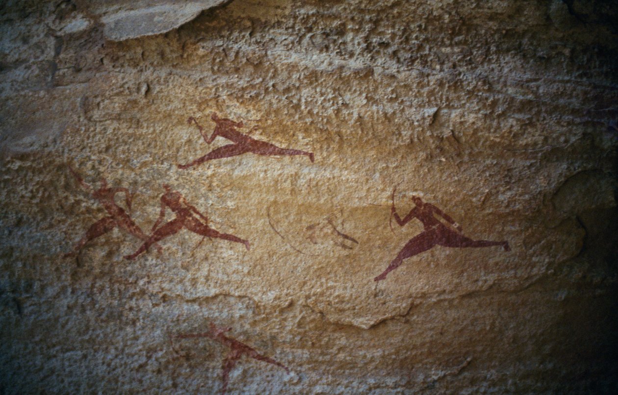 Bueskyttere som løper, hulemaleri, Tassili n'Ajjer (Unescos verdensarvliste av Theodore Charles Ange Coquelin