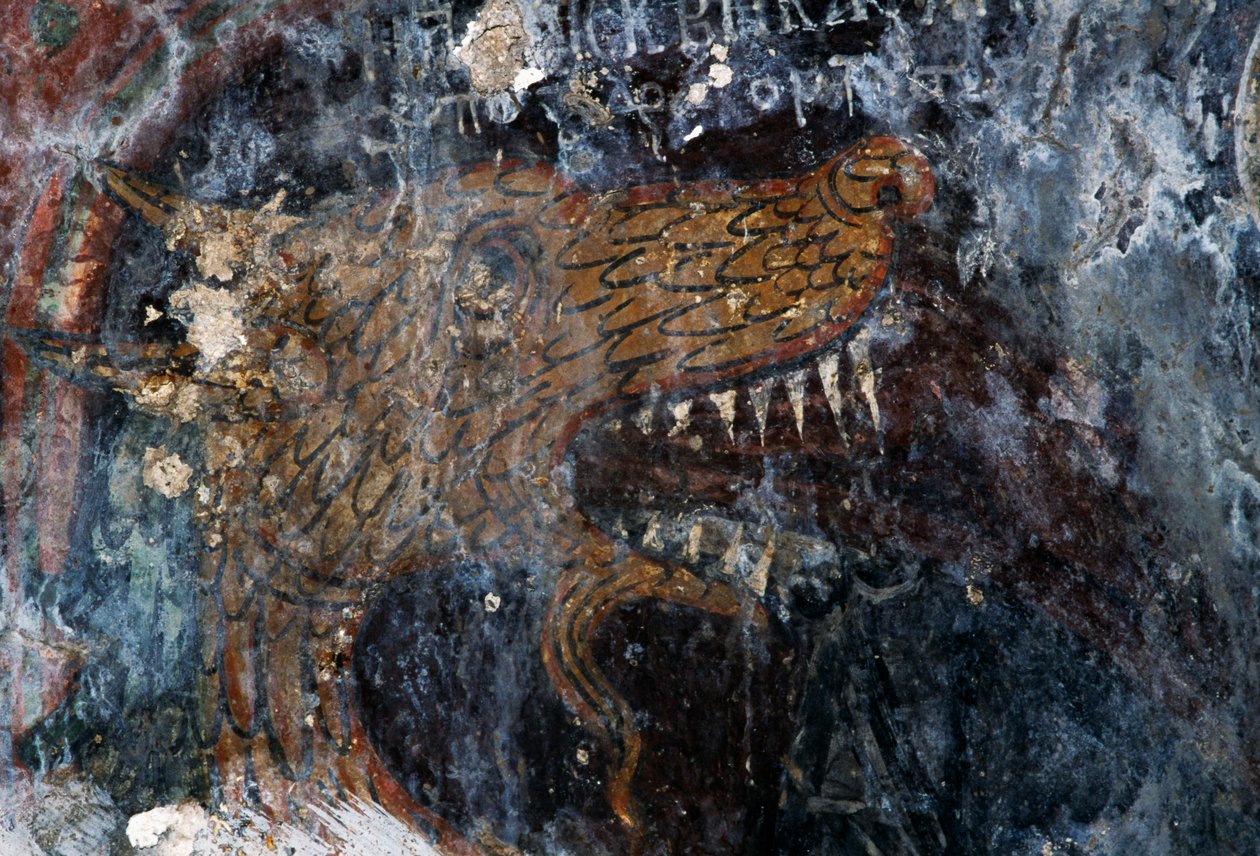 Fugl, detalj om straff for fordømte i kirken Agia Paraskevi, Voutas, Kreta, Hellas (bilde) av Theodore Charles Ange Coquelin