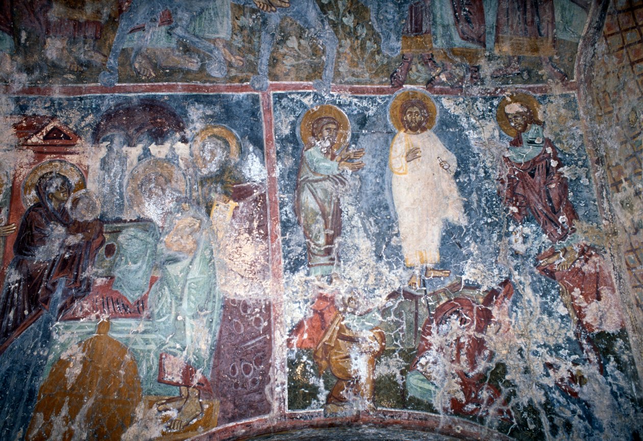 Kristus og helgener, freskomaleri i den bysantinske kirken Sotiras Christos, Vlithias, Kreta, Hellas (bilde) av Theodore Charles Ange Coquelin