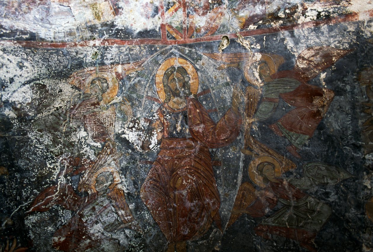 Kristus med engler og helgen, freskomaleri i kirken Panagia, Kitiros, Kreta, Hellas (bilde) av Theodore Charles Ange Coquelin